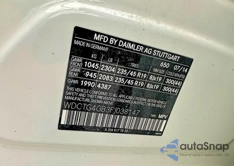 2015 Mercedes-Benz Gla 250 4Matic z USA, uszkodzony, nr VIN WDCTG4GB3FJ038147